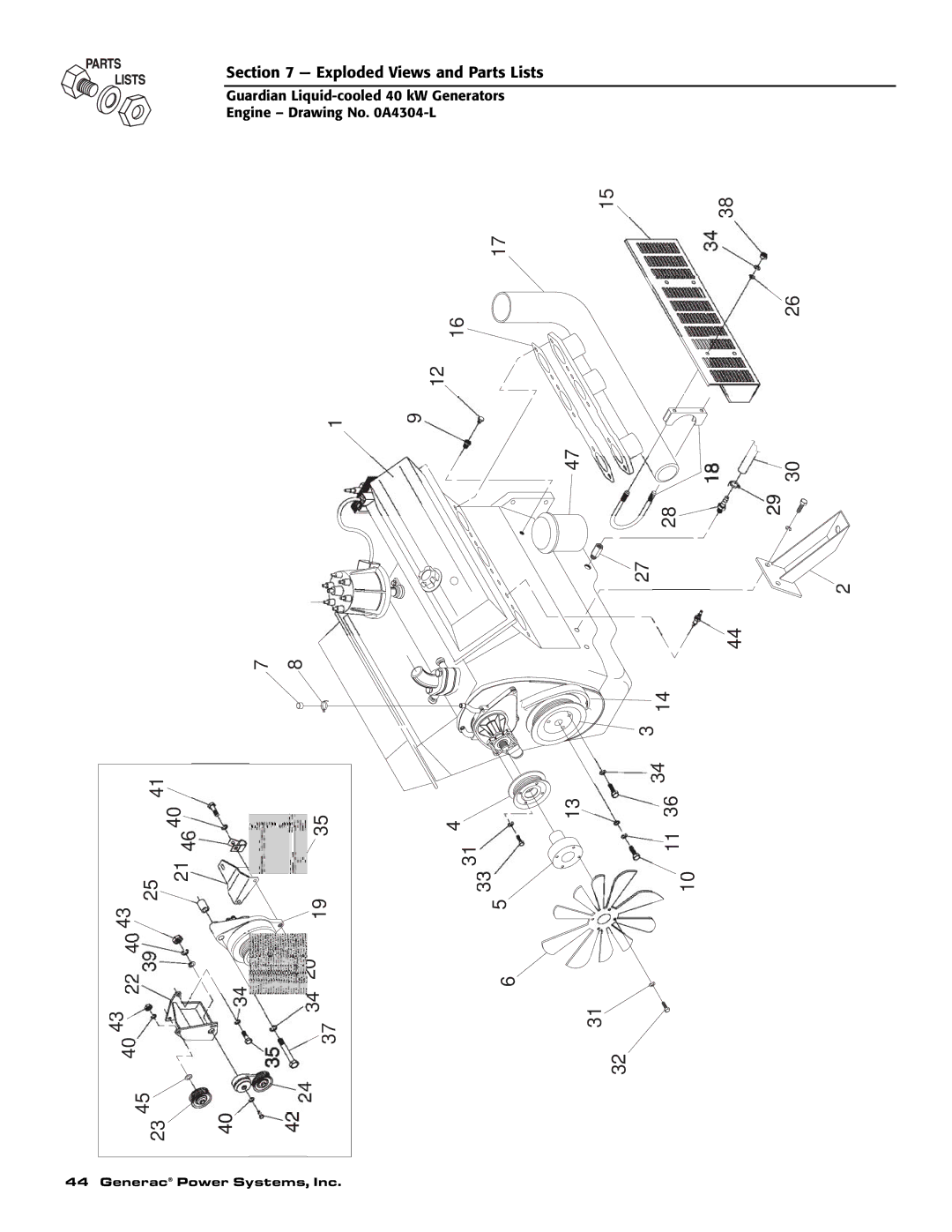 Generac Power Systems 0043734, 0043733, 0046264, 0046263, 0046262, 0043735 owner manual Exploded Views and Parts Lists 