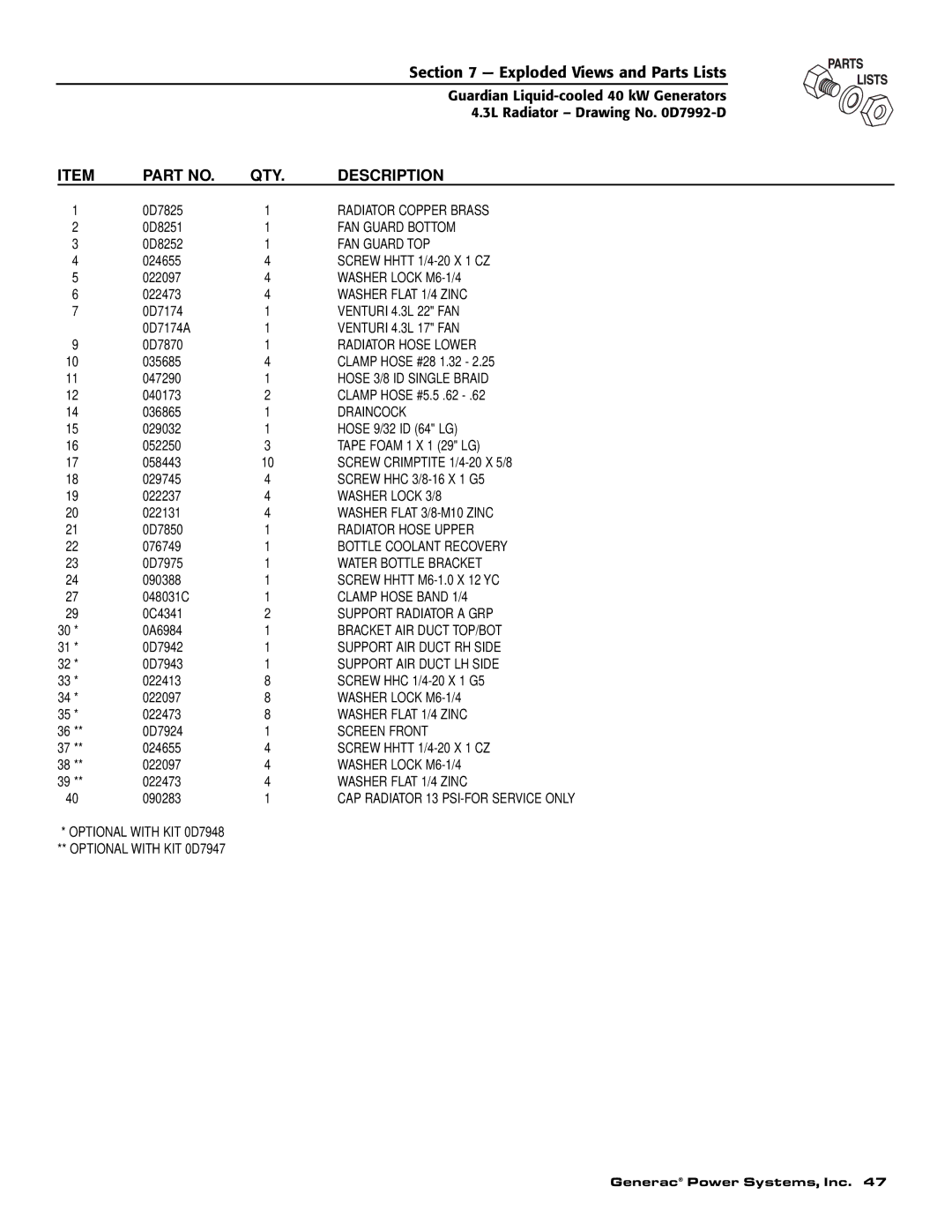 Generac Power Systems 0046264, 0043733, 0046263, 0046262, 0043734, 0043735 owner manual Radiator Copper Brass 