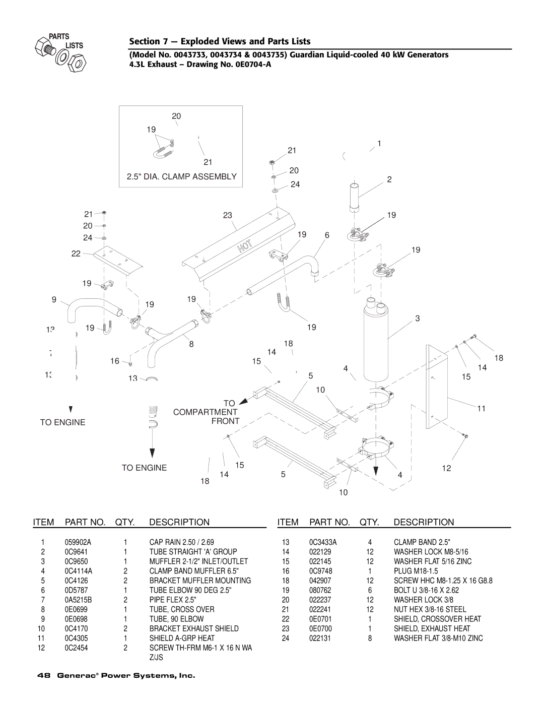 Generac Power Systems 0046263, 0043733, 0046264, 0046262, 0043734, 0043735 DIA. Clamp Assembly 2 Compartment To Engine Front 