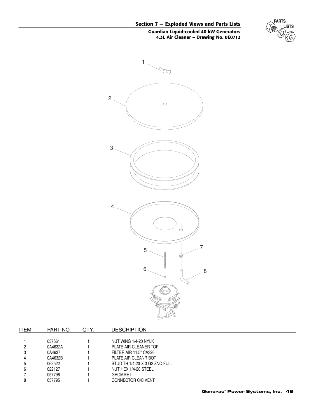 Generac Power Systems 0046262, 0043733, 0046264, 0046263, 0043734, 0043735 owner manual NUT Wing 1/4-20 Nylk 