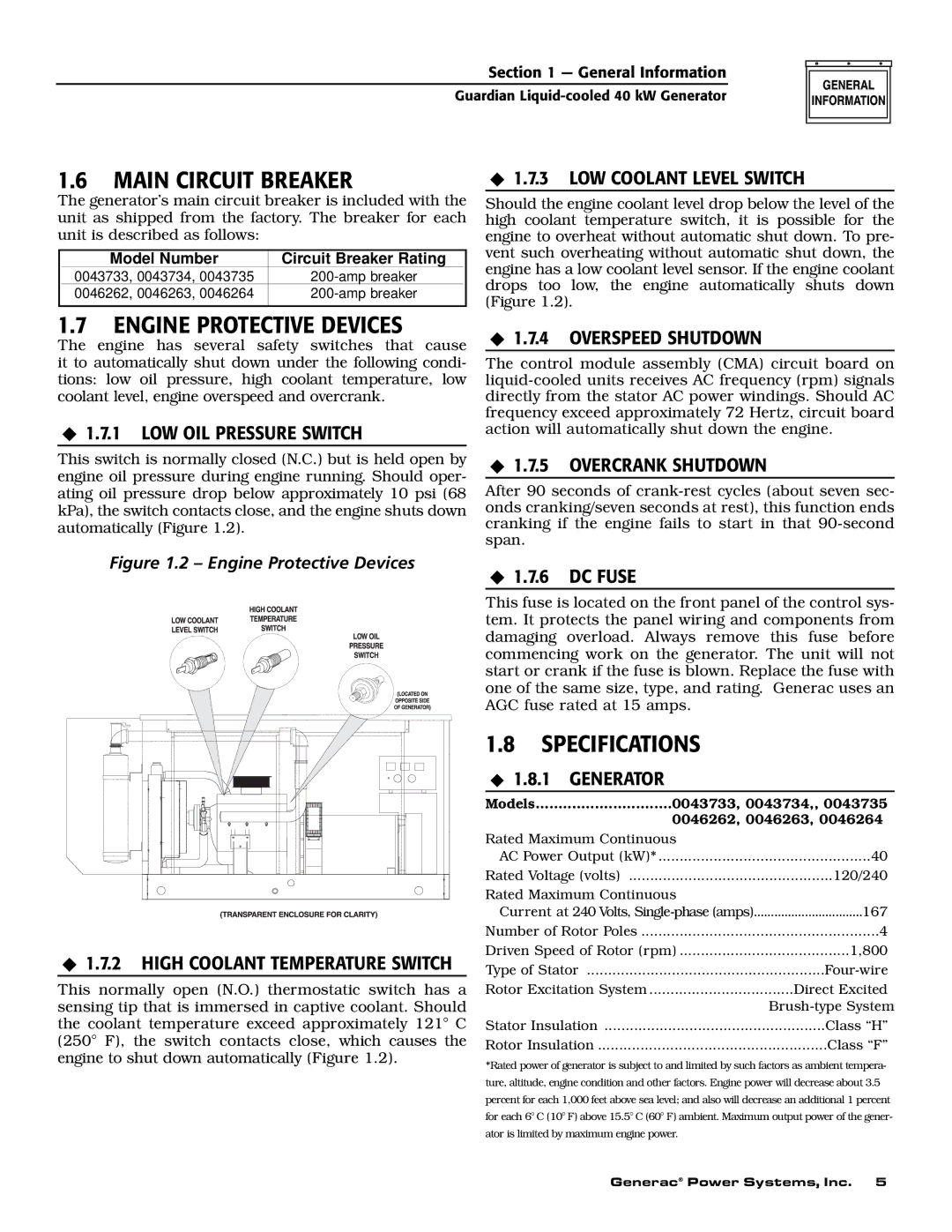 Generac Power Systems 0046264, 0043733, 0046263, 0046262 Main Circuit Breaker, Engine Protective Devices, Specifications 