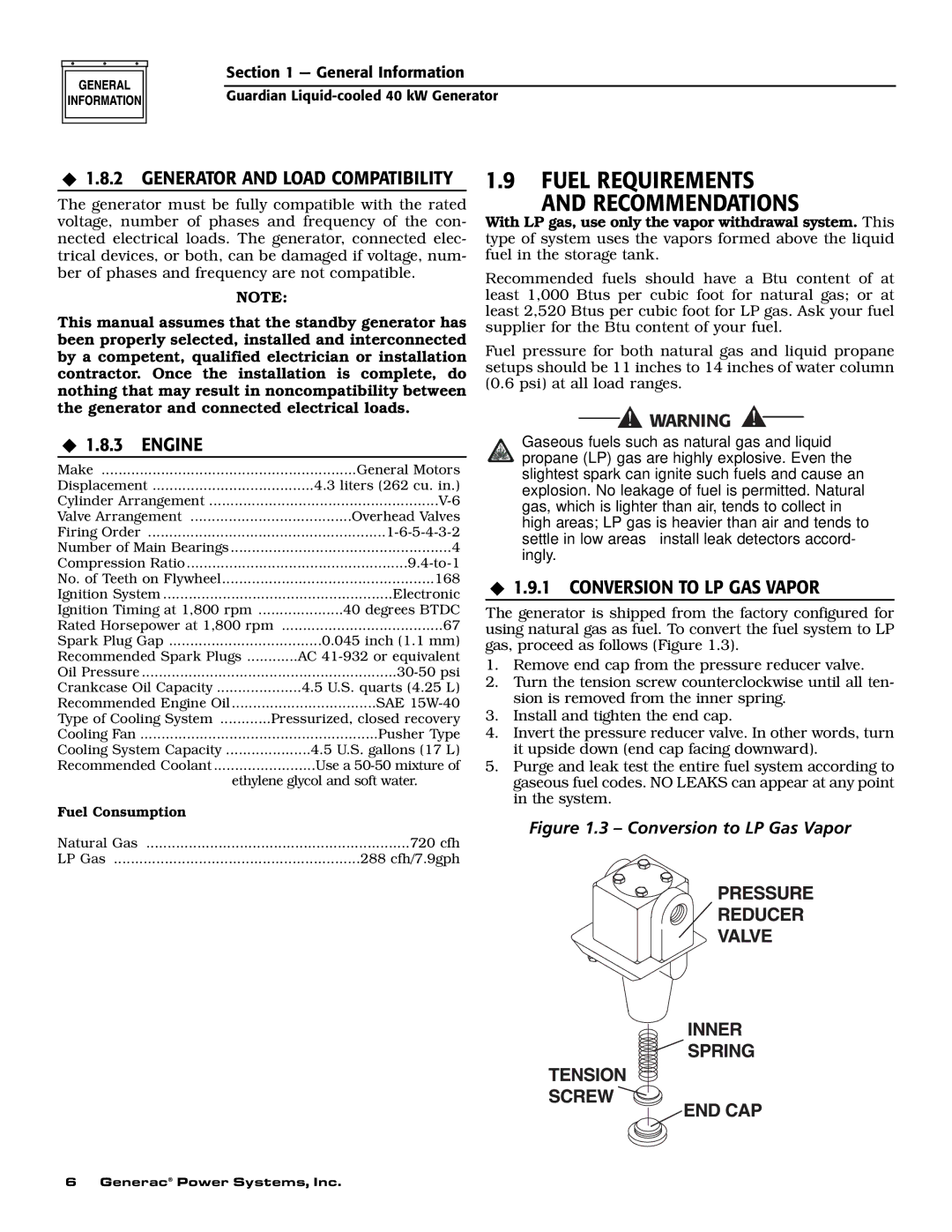 Generac Power Systems 0046263, 0043733, 0046264 Fuel Requirements Recommendations, ‹ 1.8.2 Generator and Load Compatibility 