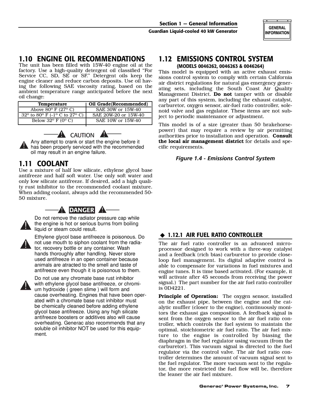 Generac Power Systems 0046262, 0043733, 0046264 Emissions Control System, Coolant, ‹ 1.12.1 AIR Fuel Ratio Controller 