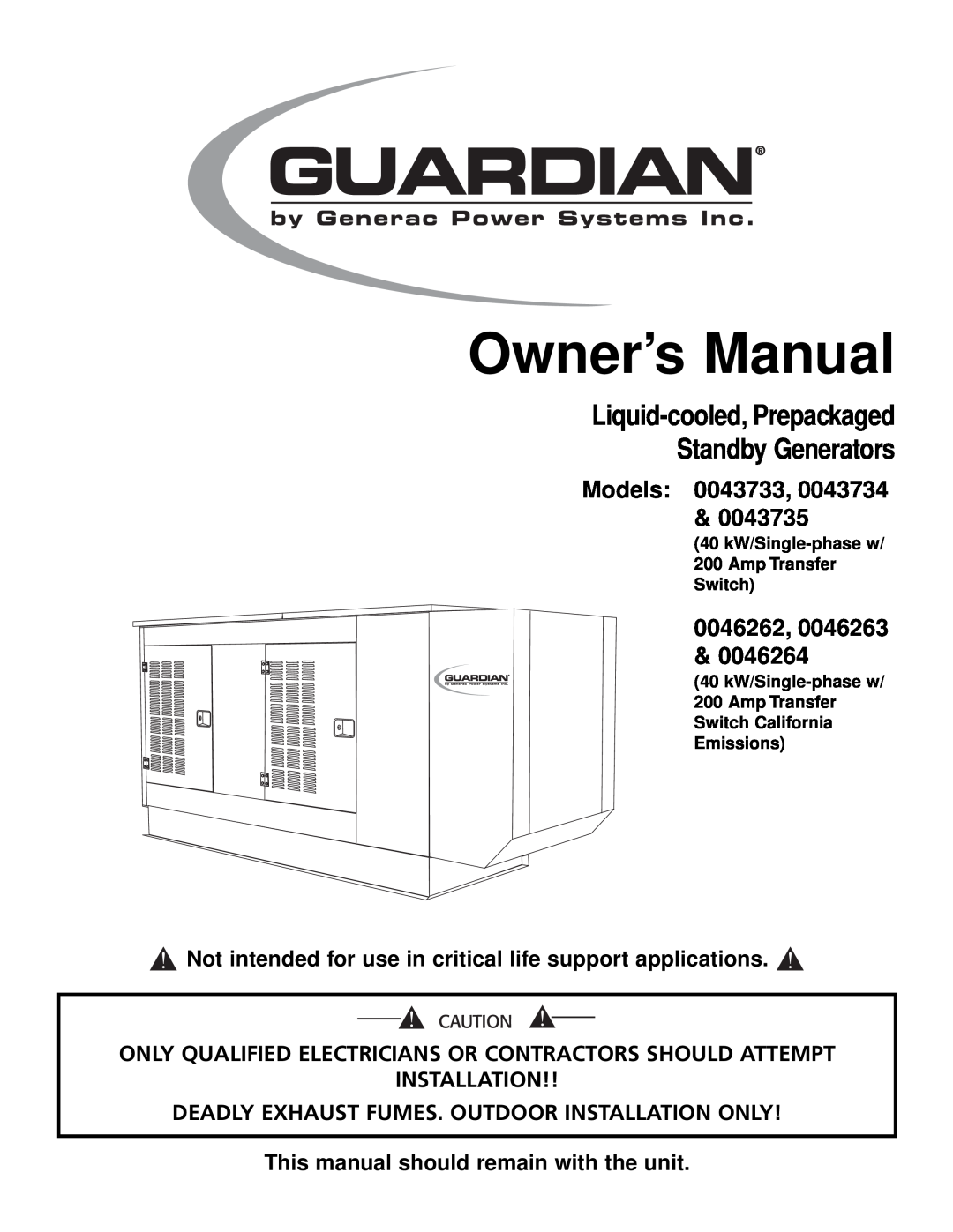 Generac Power Systems 0046264 owner manual Owner’s Manual, Liquid-cooled,Prepackaged Standby Generators, 0046262, 0046263 