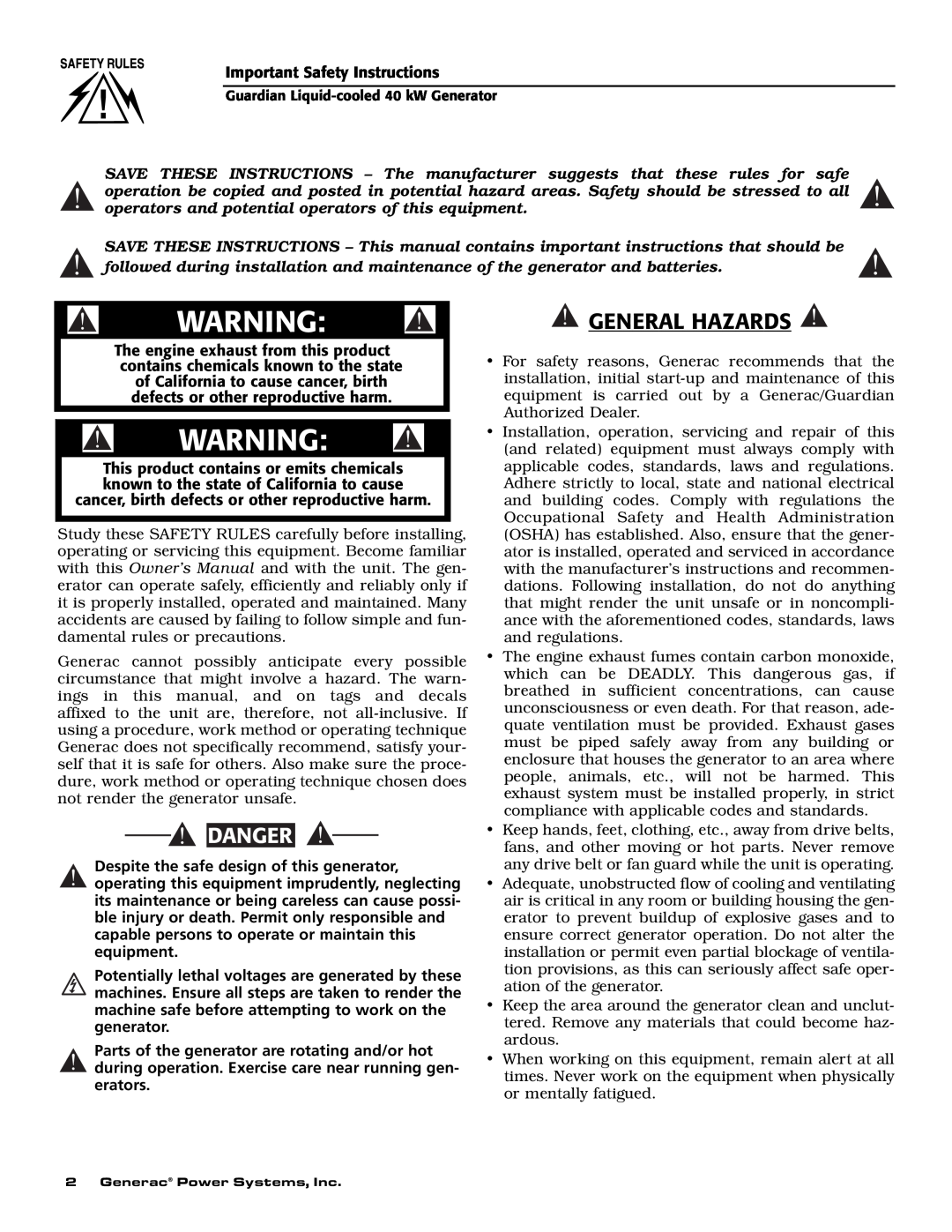 Generac Power Systems 0043734, 0043733, 0046264, 0046263, 0046262, 0043735 owner manual General Hazards, Danger 
