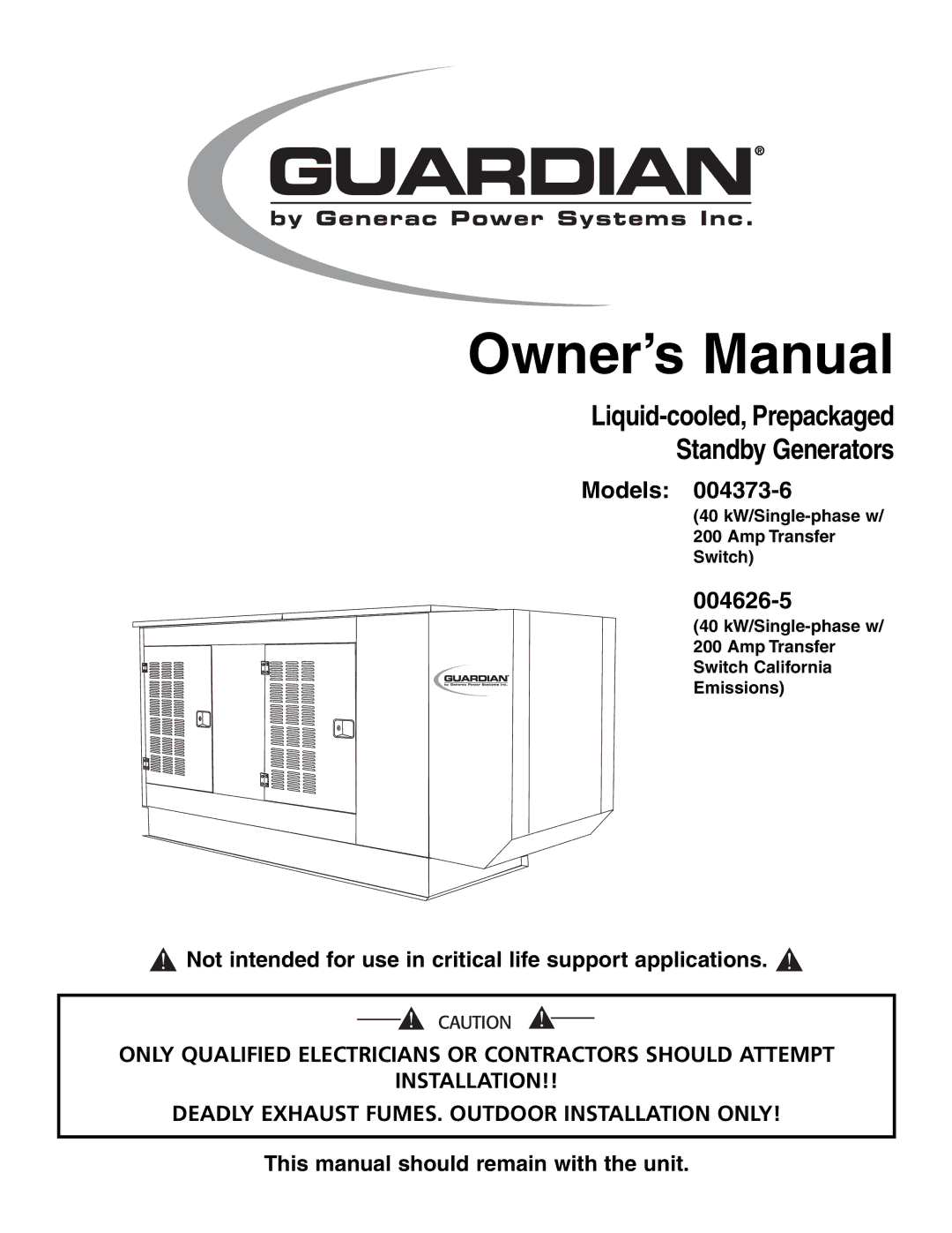 Generac Power Systems 004373-6, 004626-5 owner manual Liquid-cooled, Prepackaged Standby Generators Models 