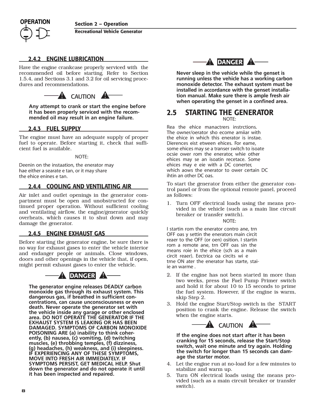 Generac Power Systems 004700-00 owner manual Starting the Generator, ‹ 2.4.2 Engine Lubrication, ‹ 2.4.3 Fuel Supply 