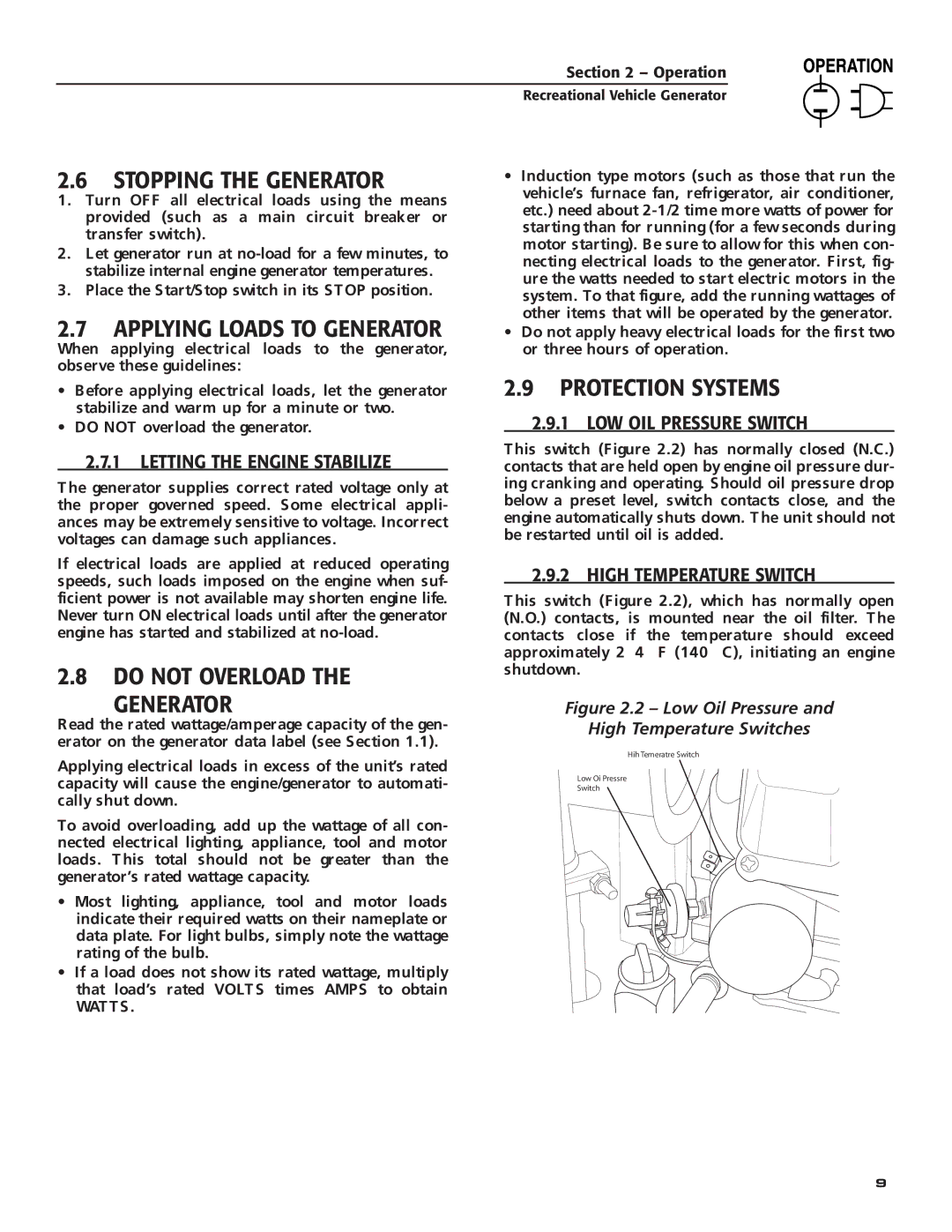 Generac Power Systems 004700-00 owner manual Stopping the Generator, Do not Overload Generator, Protection Systems 