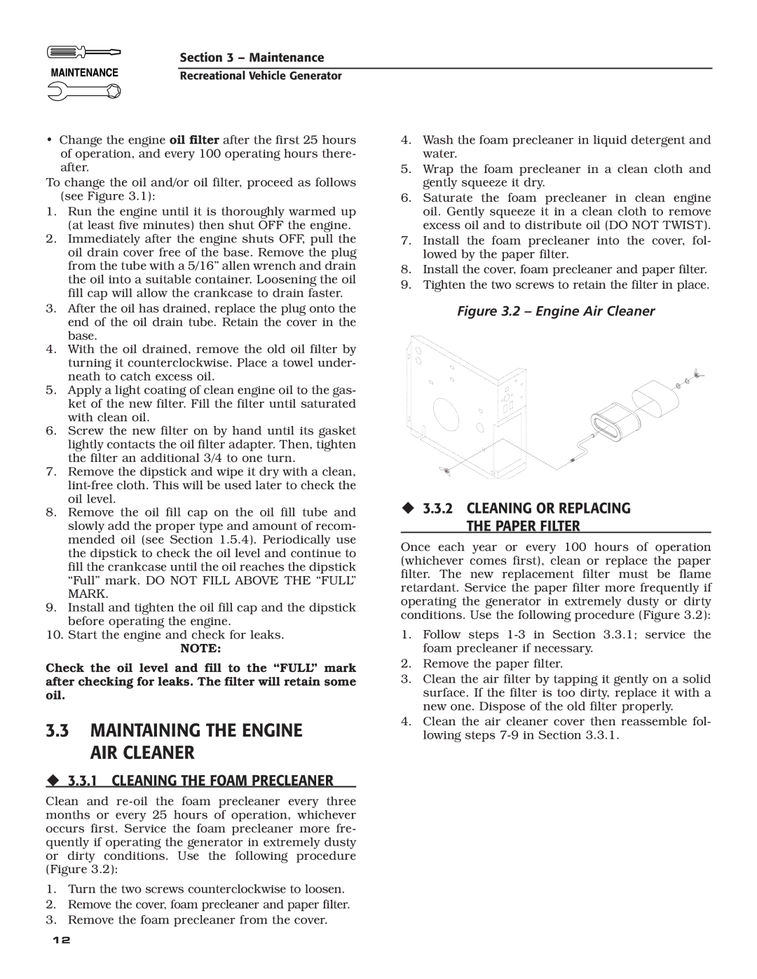 Generac Power Systems 004700-00 owner manual Maintaining the Engine AIR Cleaner, ‹ 3.3.1 Cleaning the Foam Precleaner 