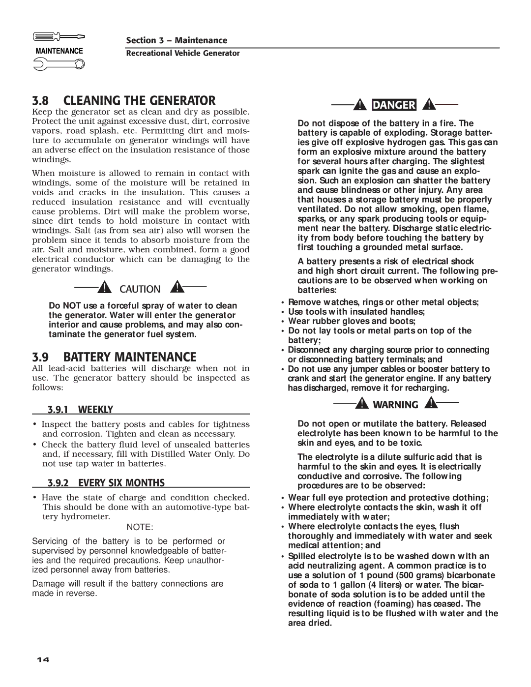 Generac Power Systems 004700-00 Cleaning the Generator, Battery Maintenance, ‹ 3.9.1 Weekly, ‹ 3.9.2 Every SIX Months 