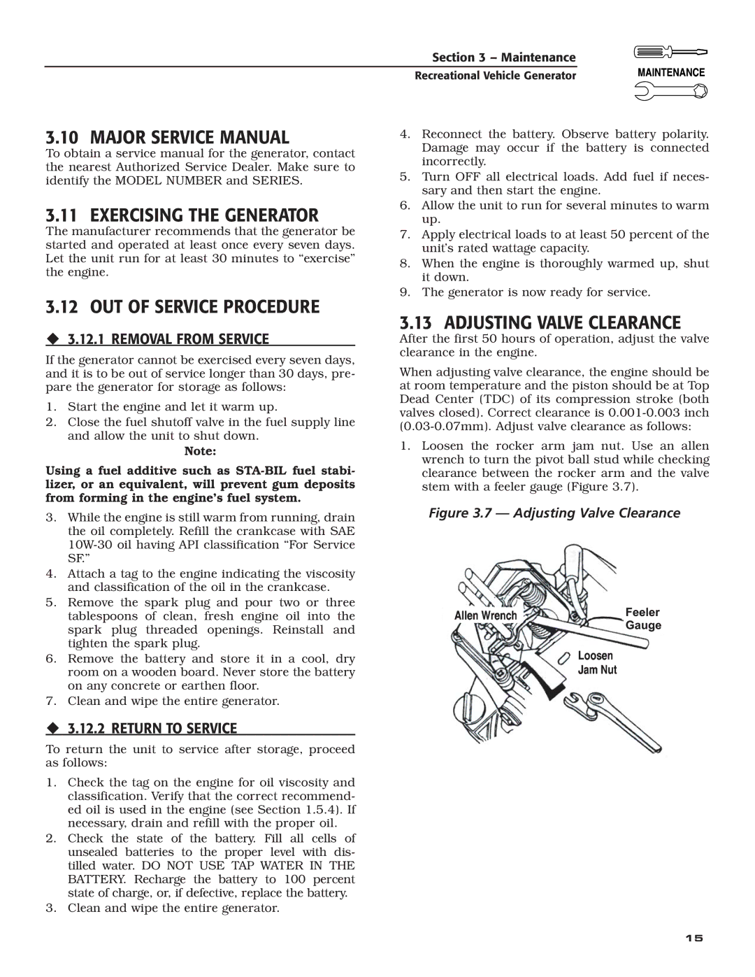 Generac Power Systems 004700-00 owner manual Exercising the Generator, OUT of Service Procedure, Adjusting Valve Clearance 