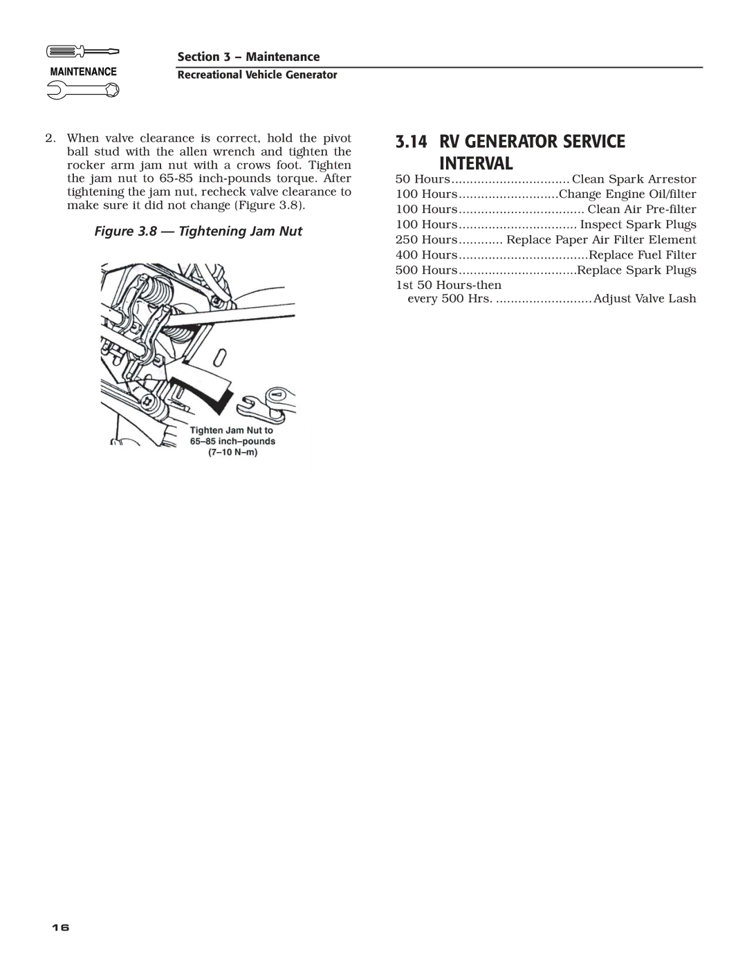 Generac Power Systems 004700-00 owner manual RV Generator Service Interval, Tightening Jam Nut 