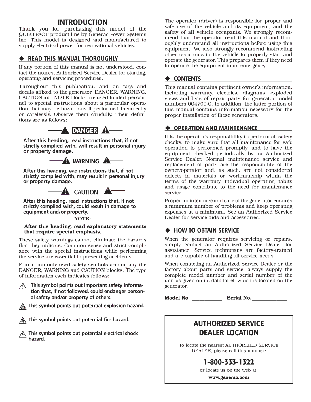 Generac Power Systems 004700-00 owner manual Introduction, Authorized Service Dealer Location 