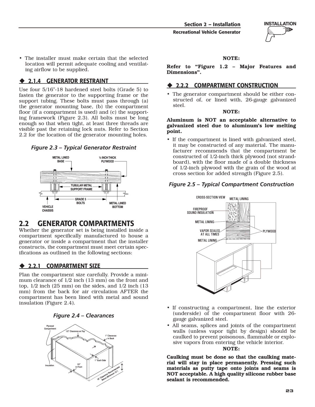 Generac Power Systems 004700-00 Generator Compartments, ‹ 2.1.4 Generator Restraint, ‹ 2.2.2 Compartment Construction 