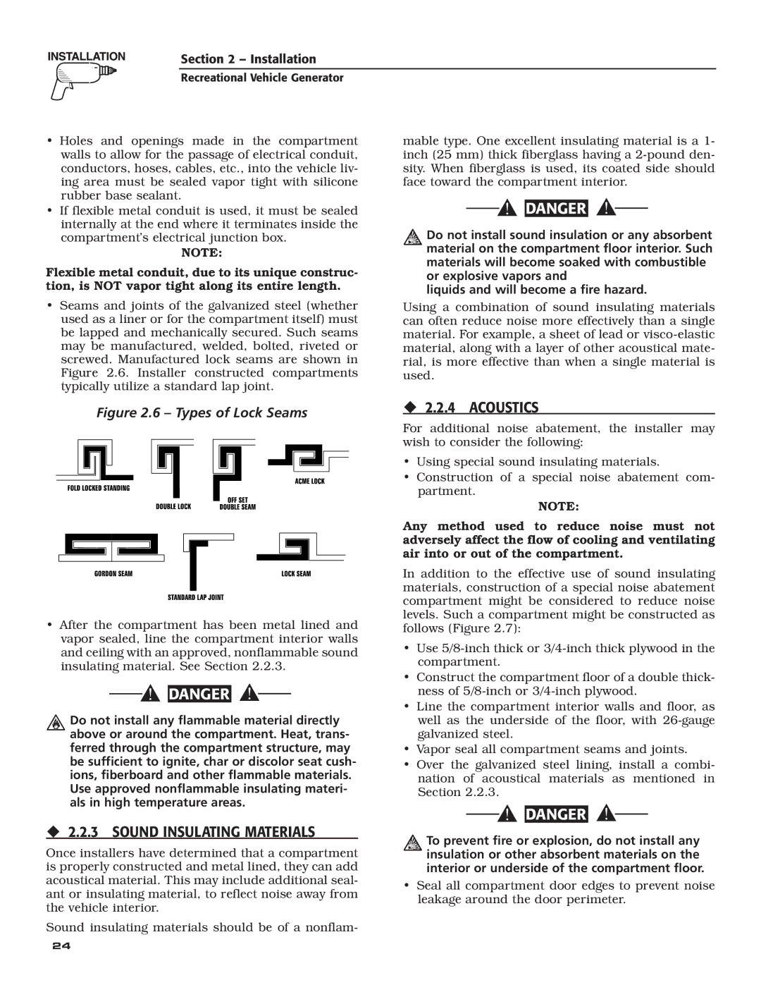 Generac Power Systems 004700-00 owner manual ‹ 2.2.4 Acoustics, ‹ 2.2.3 Sound Insulating Materials 