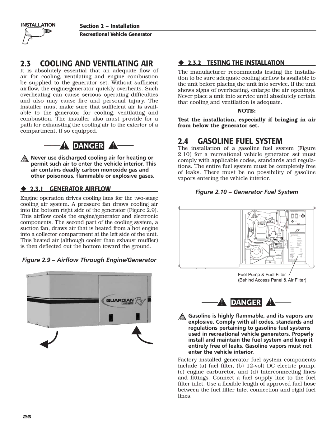 Generac Power Systems 004700-00 owner manual Cooling and Ventilating AIR, Gasoline Fuel System 