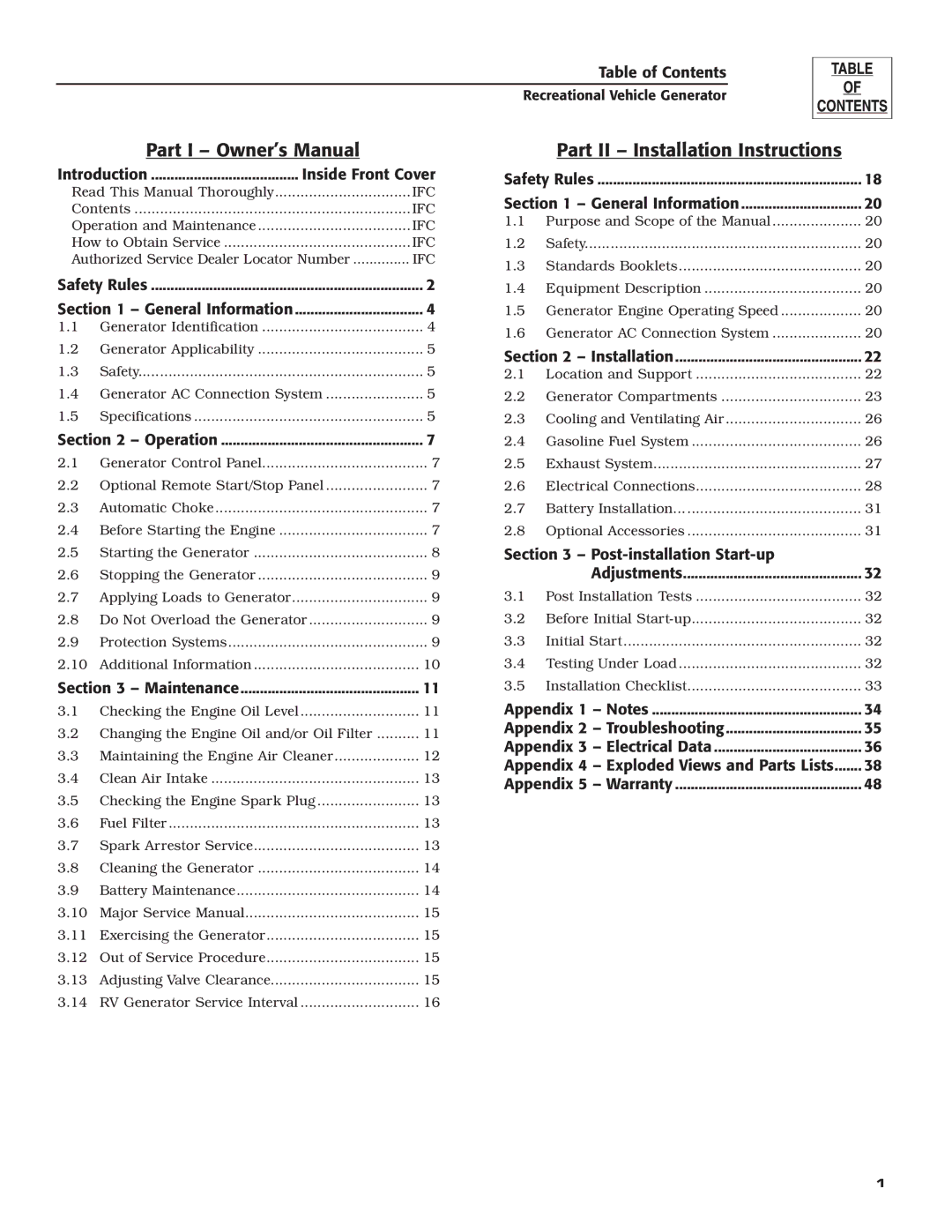 Generac Power Systems 004700-00 owner manual Part II Installation Instructions, Inside Front Cover 