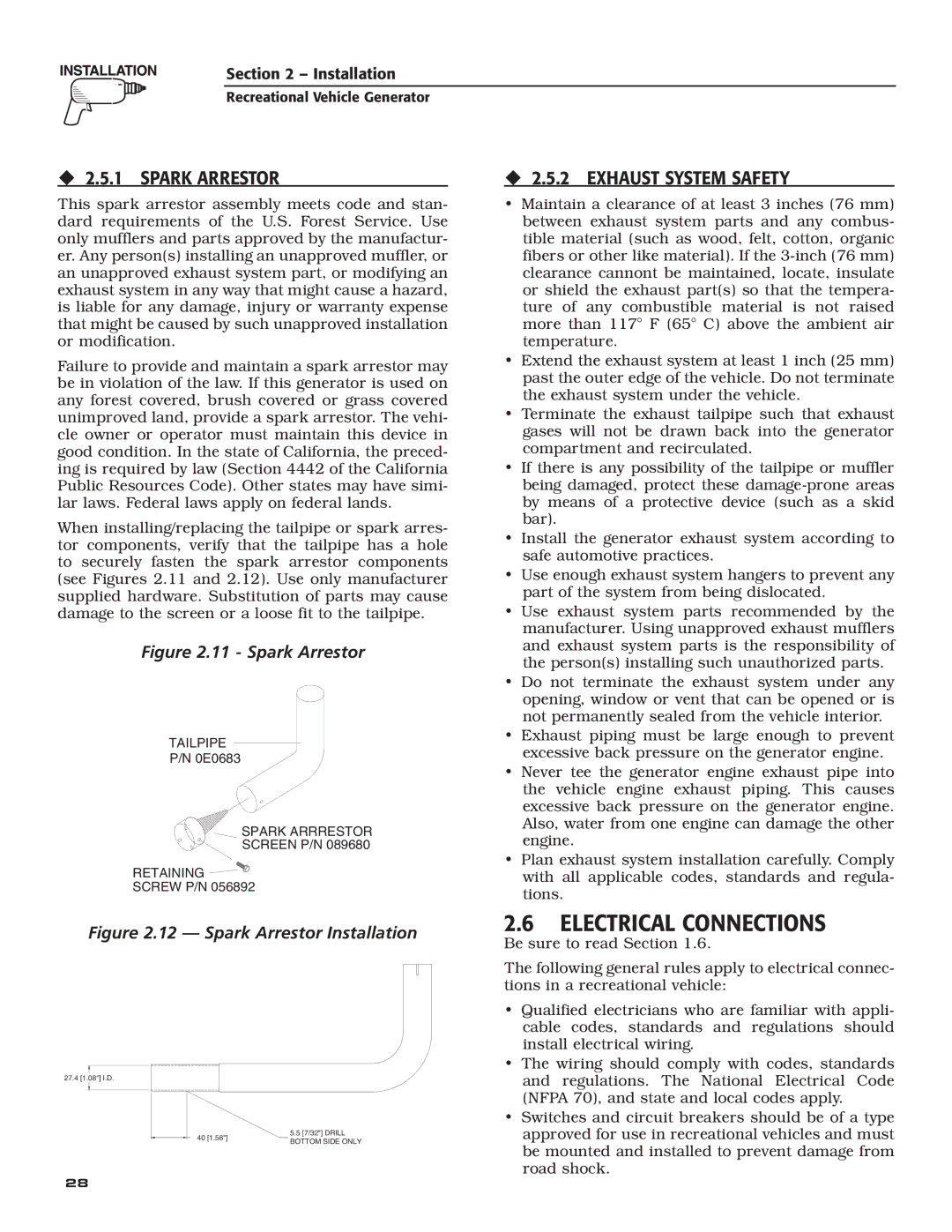 Generac Power Systems 004700-00 owner manual Electrical Connections, ‹ 2.5.1 Spark Arrestor, ‹ 2.5.2 Exhaust System Safety 