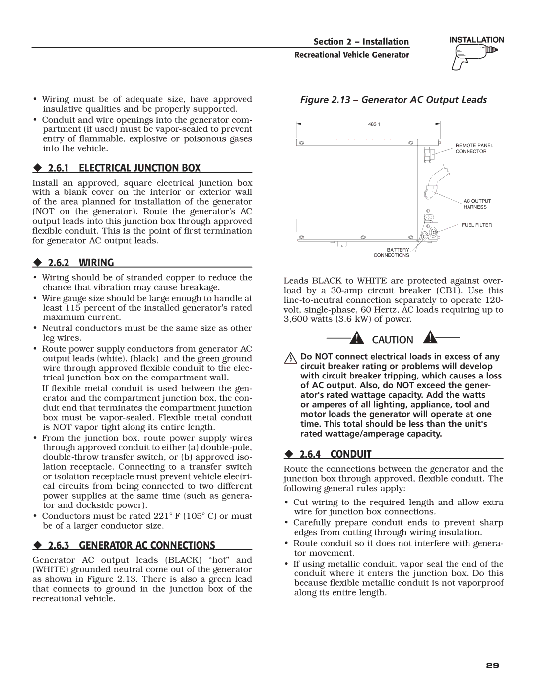 Generac Power Systems 004700-00 ‹ 2.6.1 Electrical Junction BOX, ‹ 2.6.2 Wiring, ‹ 2.6.3 Generator AC Connections 