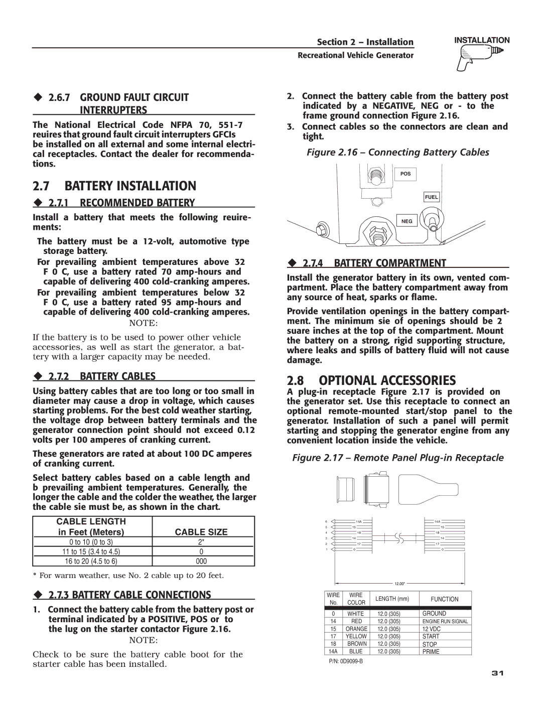 Generac Power Systems 004700-00 owner manual Battery Installation, ‹ 2.7.1 Recommended Battery, ‹ 2.7.2 Battery Cables 