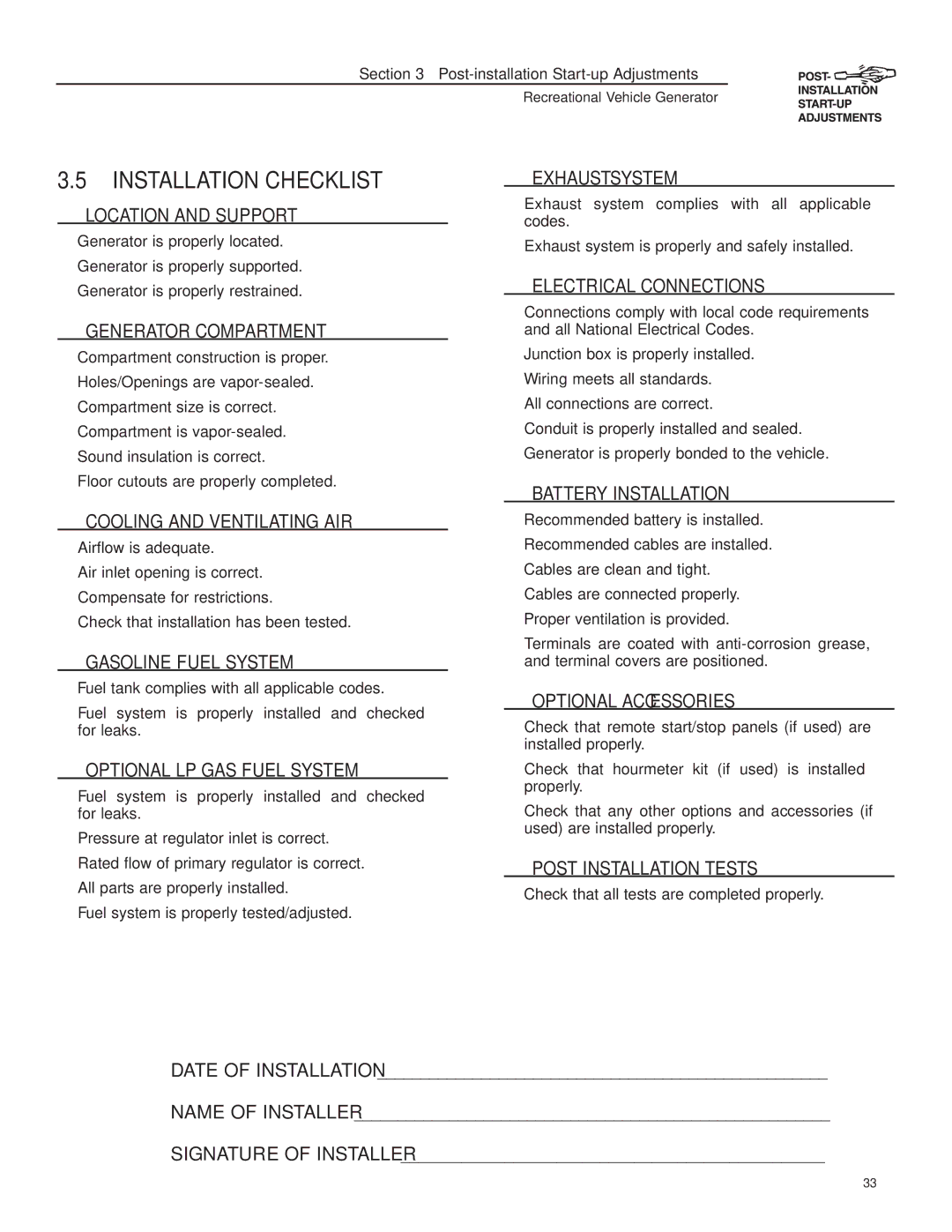 Generac Power Systems 004700-00 owner manual Installation Checklist 