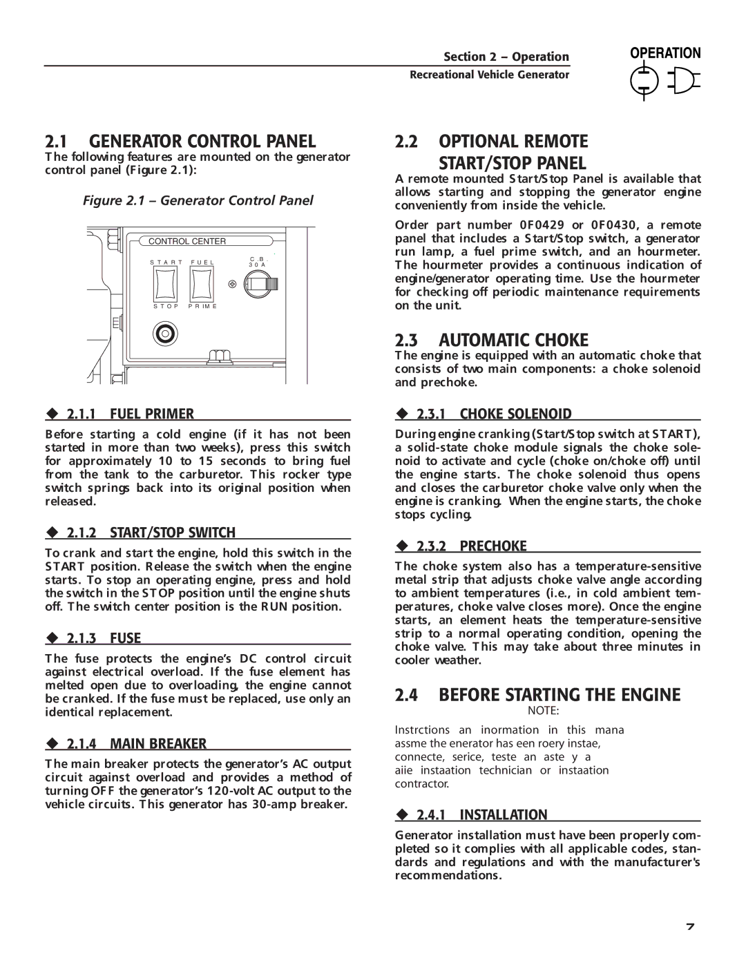 Generac Power Systems 004700-00 owner manual Generator Control Panel, Optional Remote START/STOP Panel, Automatic Choke 