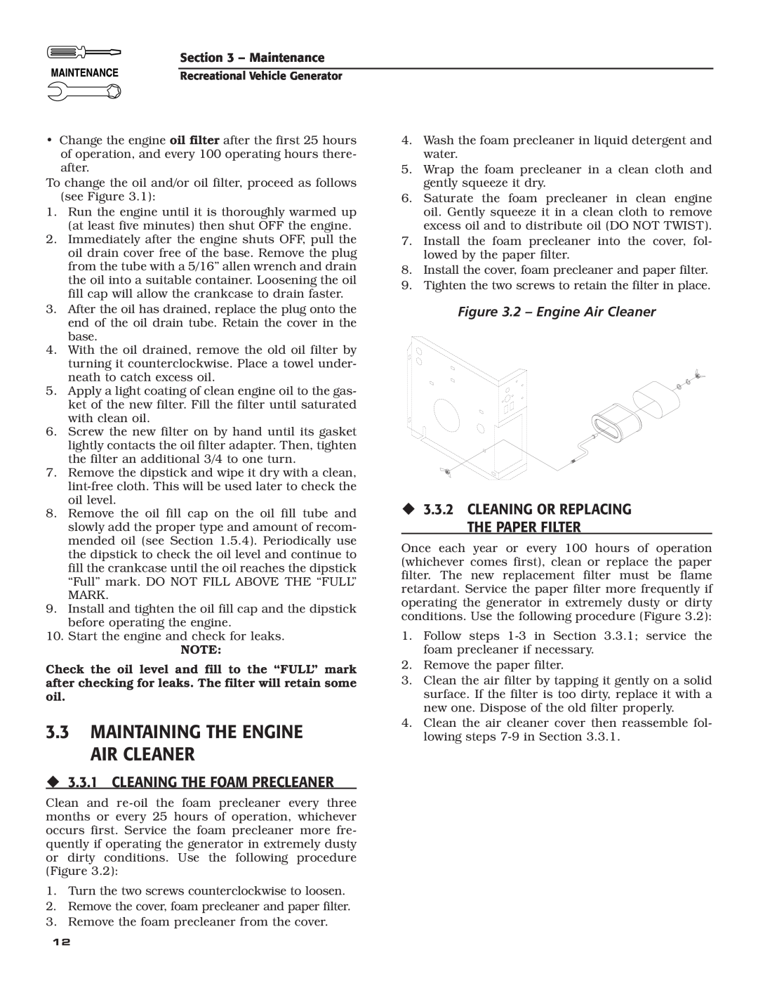 Generac Power Systems 004700-00 owner manual Maintaining The Engine Air Cleaner, ‹ 3.3.1 CLEANING THE FOAM PRECLEANER 
