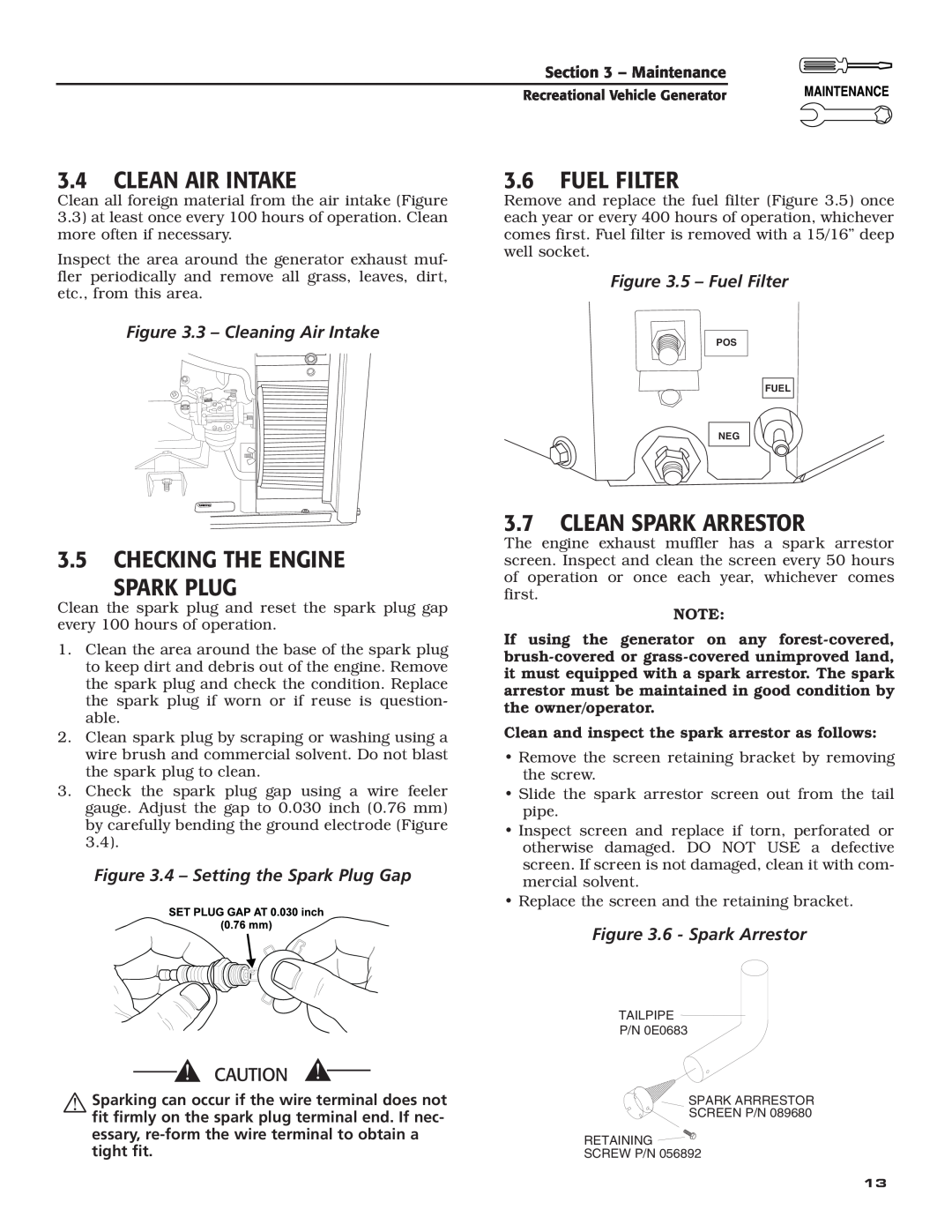 Generac Power Systems 004700-00 Clean Air Intake, Checking The Engine Spark Plug, Fuel Filter, Clean Spark Arrestor 