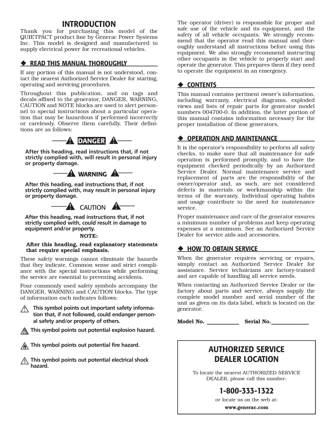Generac Power Systems 004700-00 Introduction, Authorized Service Dealer Location, ‹ Read This Manual Thoroughly, Danger 