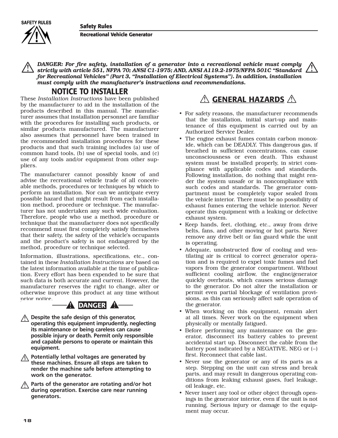Generac Power Systems 004700-00 owner manual Notice To Installer,  General Hazards , Danger 