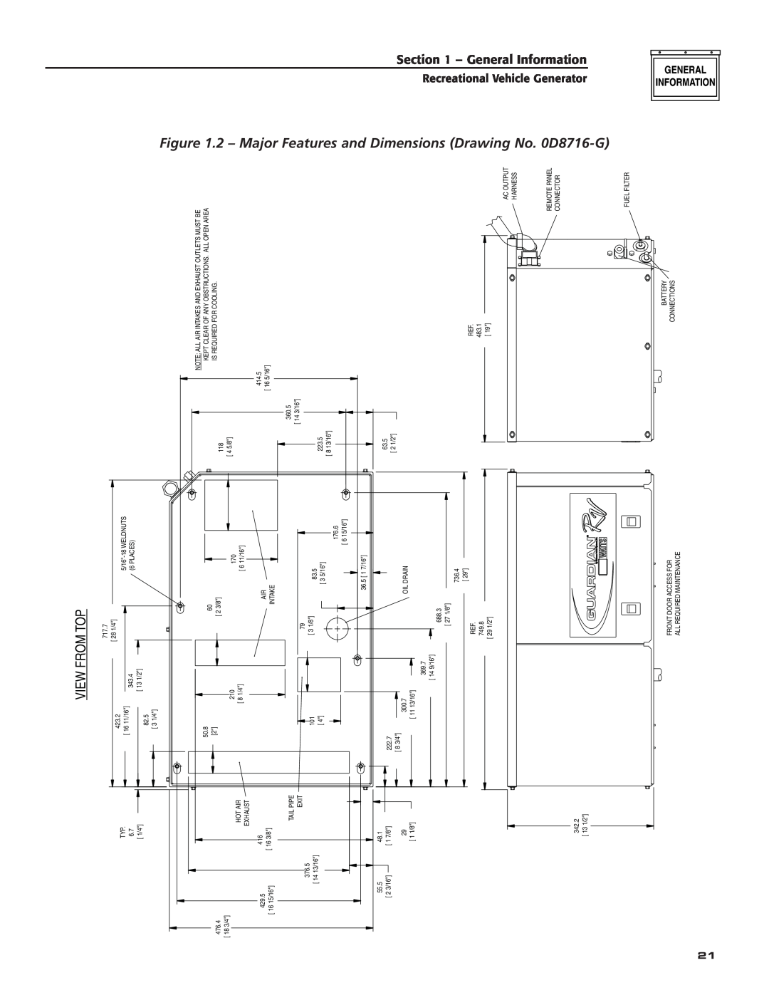 Generac Power Systems 004700-00 owner manual 0D8716, 2 - Major Features and Dimensions Drawing No, View From Top 