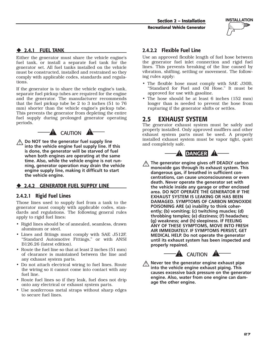 Generac Power Systems 004700-00 owner manual Exhaust System, ‹ 2.4.1 FUEL TANK, Flexible Fuel Line, Danger 
