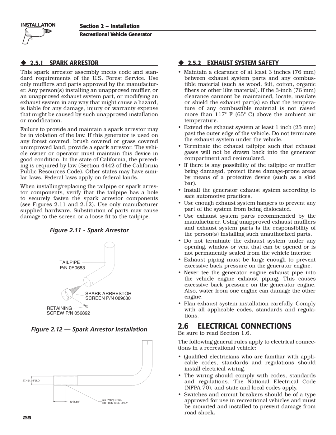 Generac Power Systems 004700-00 owner manual Electrical Connections, ‹ 2.5.1 SPARK ARRESTOR, ‹ 2.5.2 EXHAUST SYSTEM SAFETY 