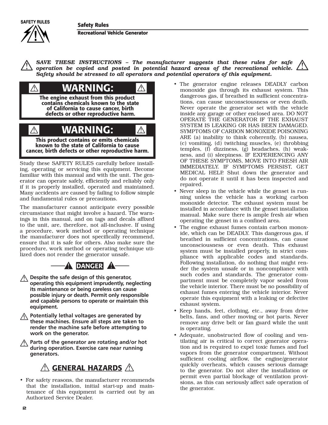 Generac Power Systems 004700-00 owner manual  General Hazards ,  Warning , Danger 