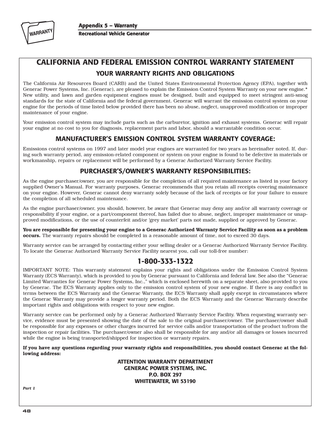 Generac Power Systems 004700-00 owner manual California And Federal Emission Control Warranty Statement 