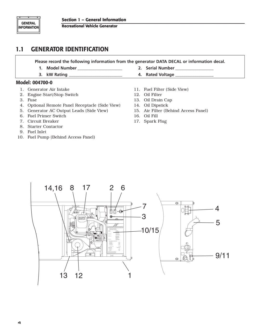 Generac Power Systems 004700-00 owner manual Generator Identification, Model, 14,16, 10/15 
