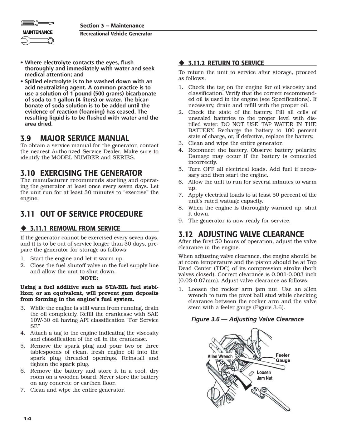 Generac Power Systems 004701-0 owner manual Exercising the Generator, OUT of Service Procedure, Adjusting Valve Clearance 