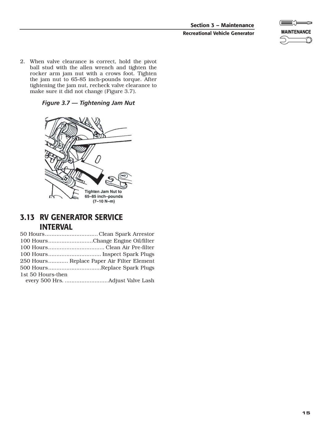 Generac Power Systems 004701-0 owner manual RV Generator Service Interval, Tightening Jam Nut 