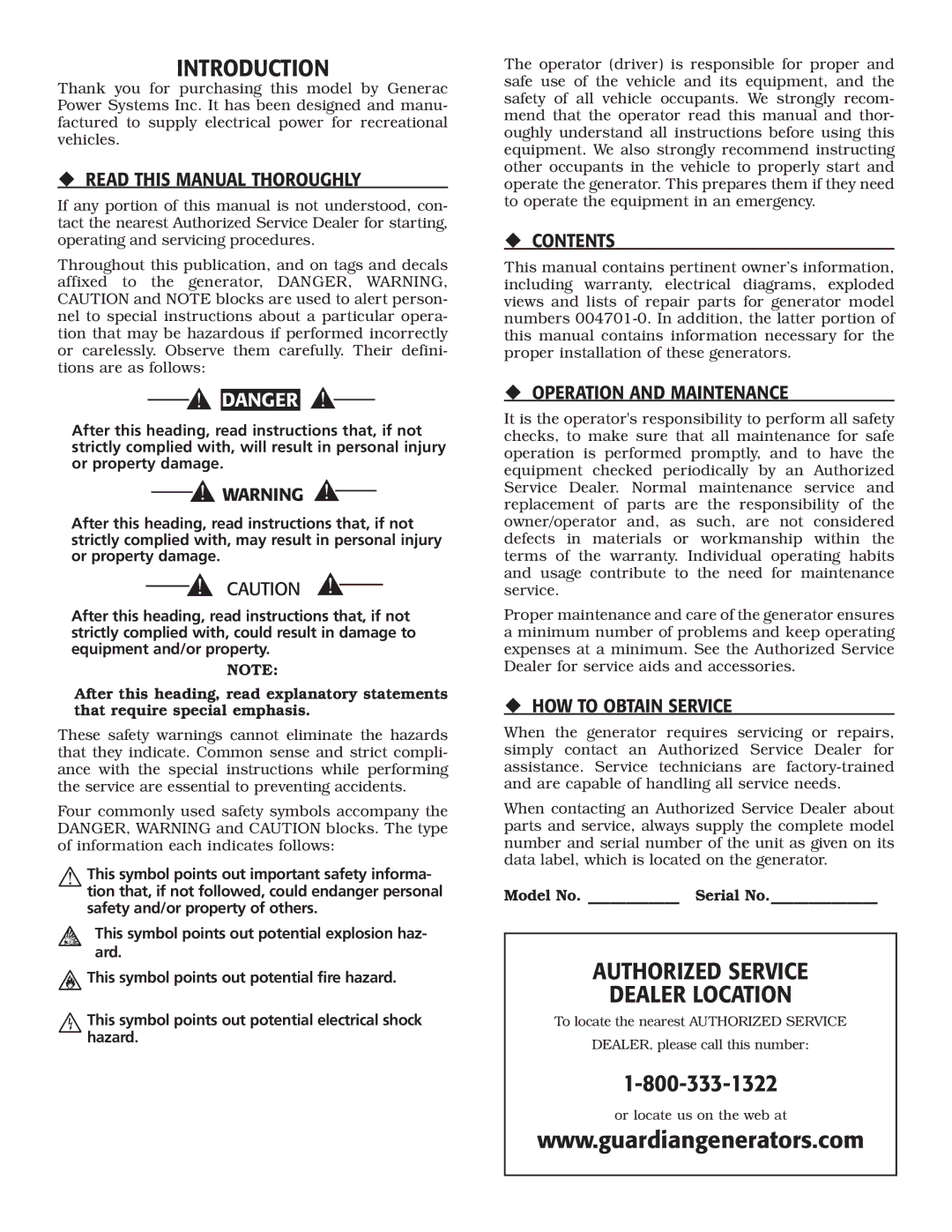 Generac Power Systems 004701-0 owner manual Introduction, Authorized Service Dealer Location 