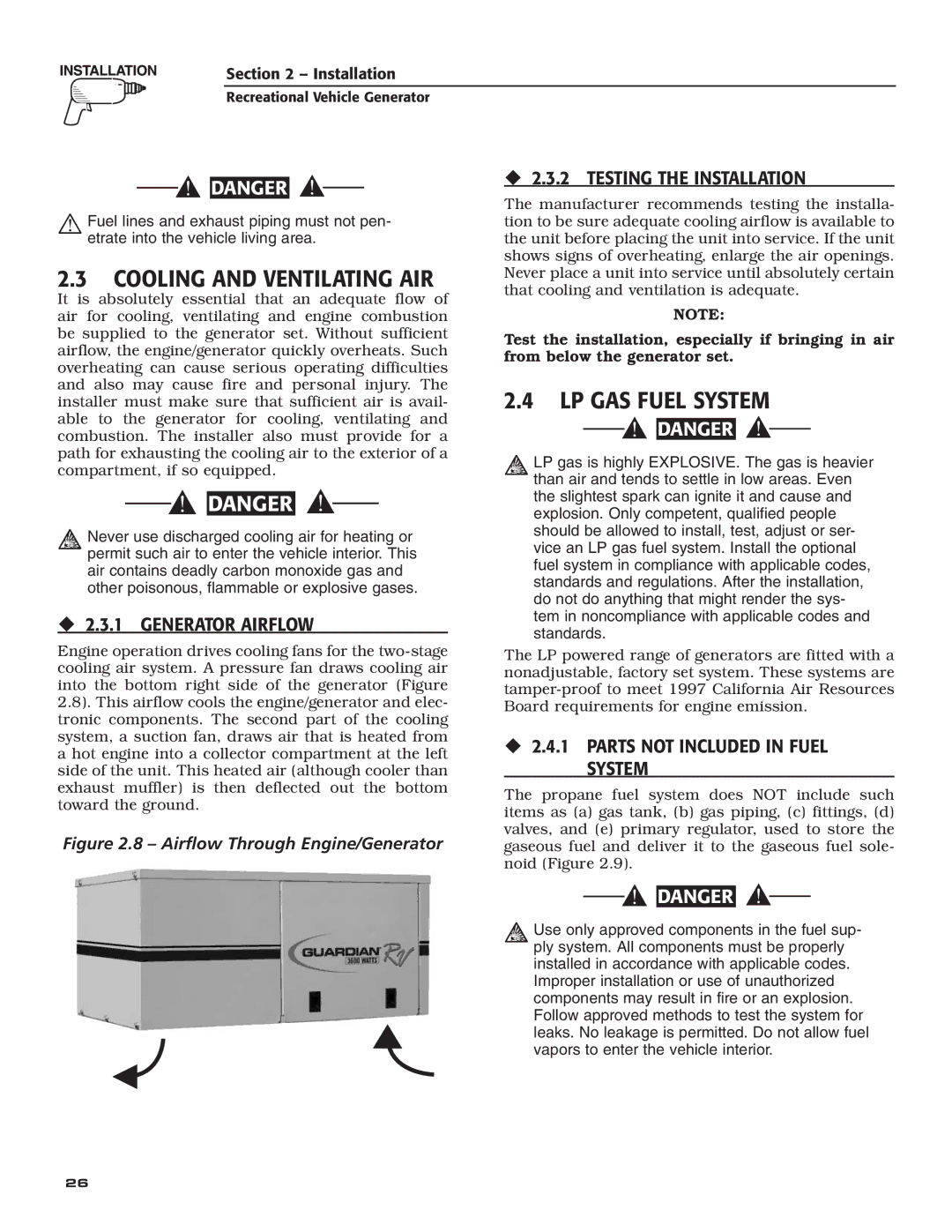 Generac Power Systems 004701-0 owner manual Cooling and Ventilating AIR, LP GAS Fuel System, ‹ 2.3.1 Generator Airflow 