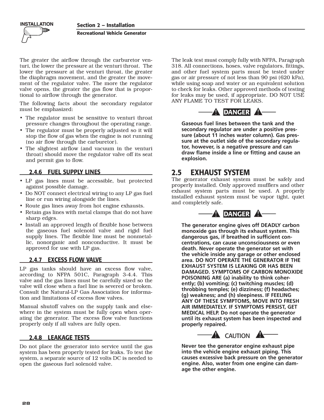 Generac Power Systems 004701-0 Exhaust System, ‹ 2.4.6 Fuel Supply Lines, ‹ 2.4.7 Excess Flow Valve, ‹ 2.4.8 Leakage Tests 