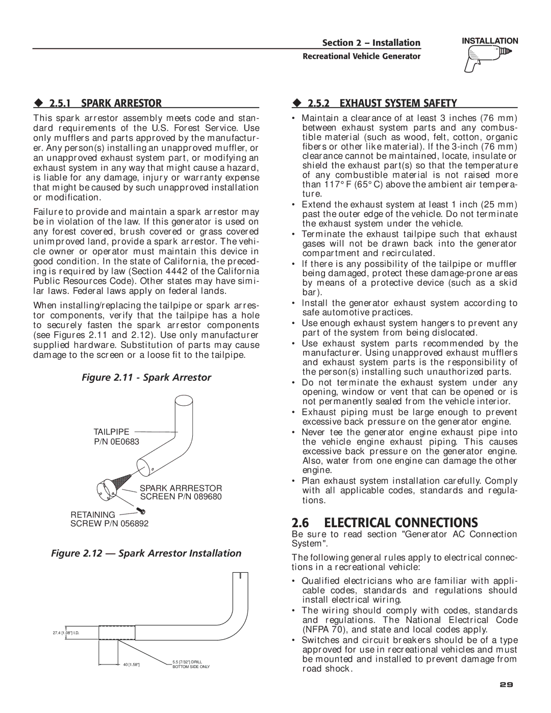 Generac Power Systems 004701-0 owner manual Electrical Connections, ‹ 2.5.1 Spark Arrestor, ‹ 2.5.2 Exhaust System Safety 