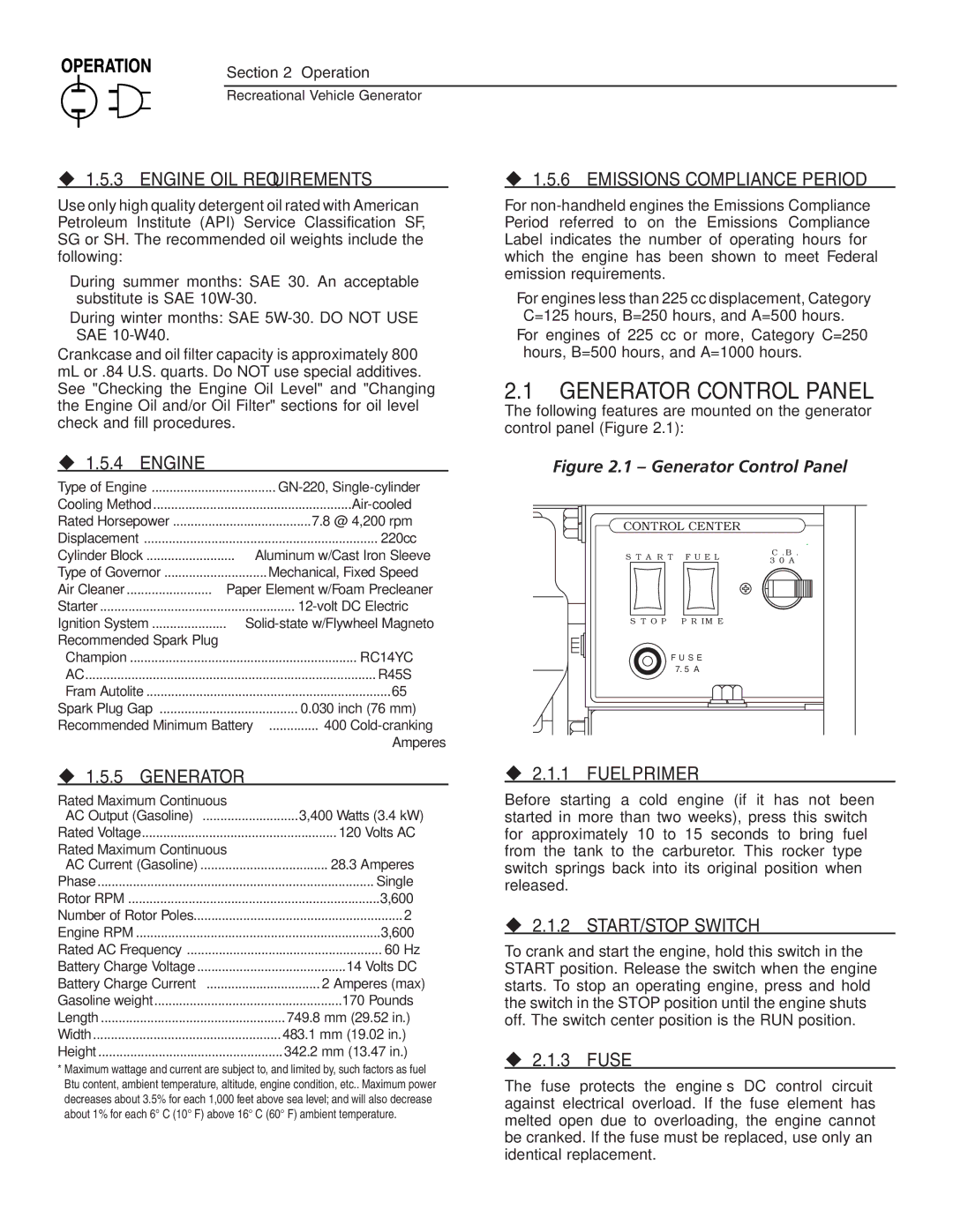 Generac Power Systems 004701-0 owner manual Generator Control Panel 