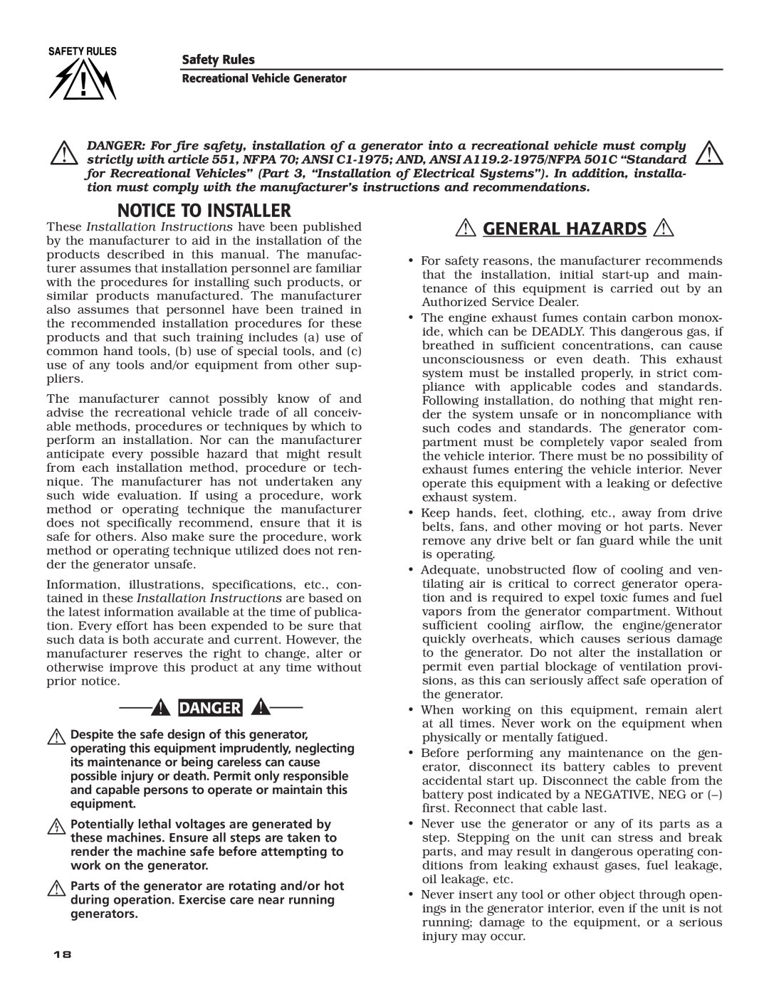 Generac Power Systems 004701-0 owner manual Notice To Installer,  General Hazards, Danger 