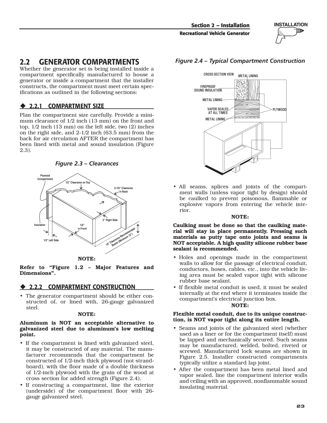 Generac Power Systems 004701-0 2.2GENERATOR COMPARTMENTS, ‹2.2.1 COMPARTMENT SIZE, ‹2.2.2 COMPARTMENT CONSTRUCTION 