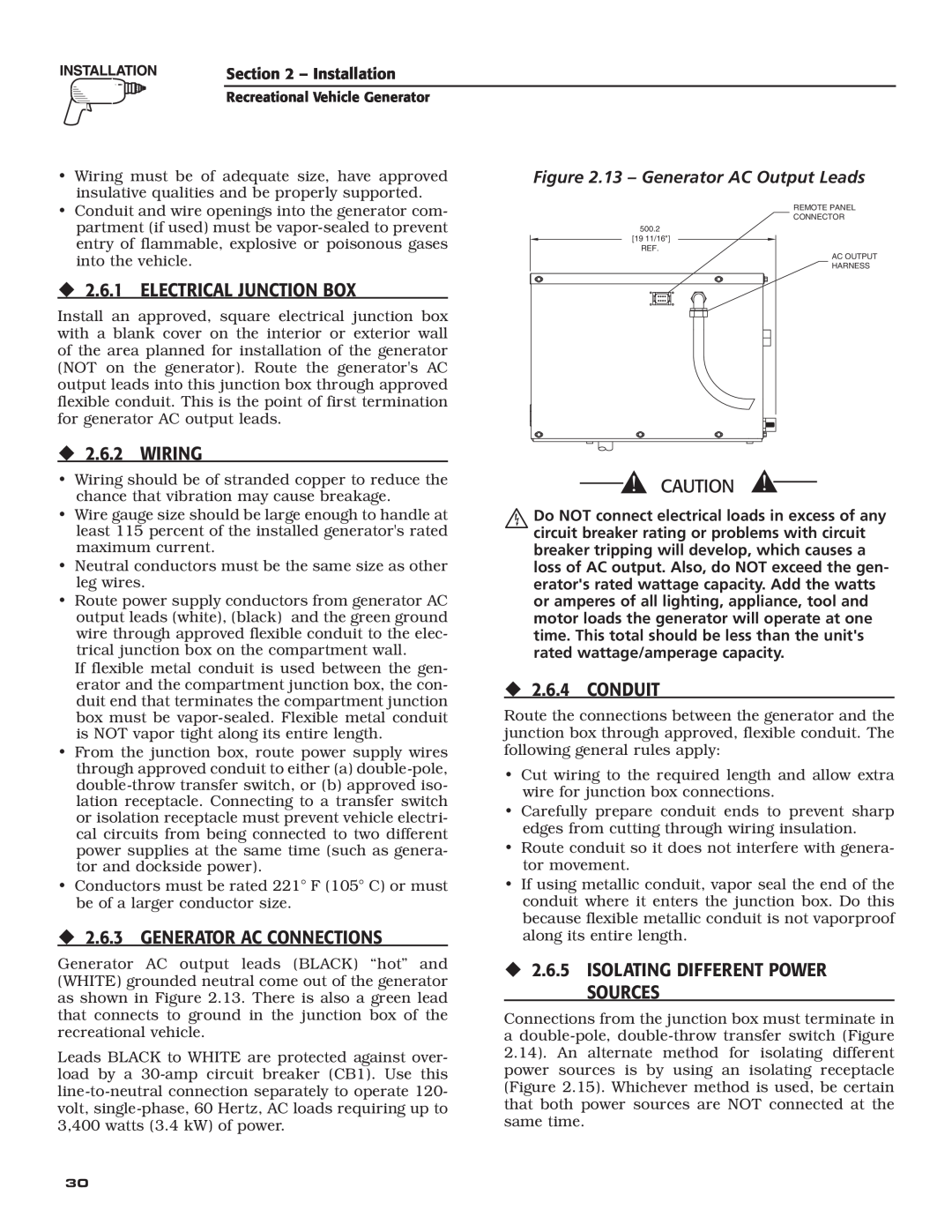 Generac Power Systems 004701-0 owner manual ‹2.6.1 ELECTRICAL JUNCTION BOX, ‹2.6.3 GENERATOR AC CONNECTIONS, ‹2.6.4 CONDUIT 