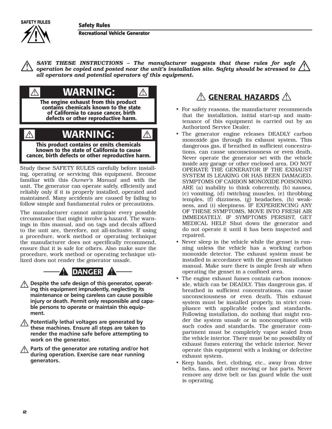Generac Power Systems 004701-0 owner manual  General Hazards, Danger, Warning  