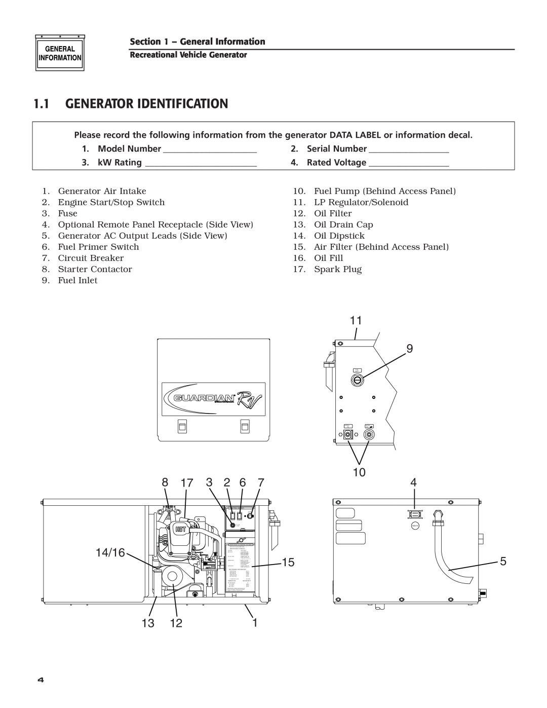 Generac Power Systems 004701-0 owner manual 1.1GENERATOR IDENTIFICATION, 11 9, 14/16 