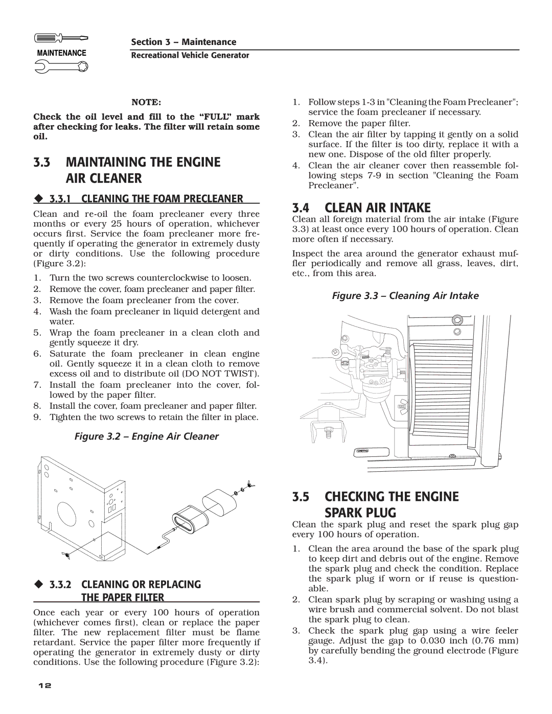 Generac Power Systems 004709-0 Maintaining the Engine AIR Cleaner, Clean AIR Intake, ‹ 3.3.1 Cleaning the Foam Precleaner 