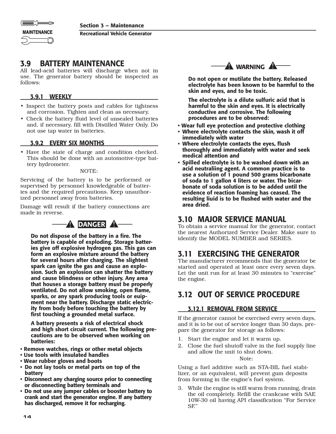 Generac Power Systems 004709-0 owner manual Battery Maintenance, Exercising the Generator, OUT of Service Procedure 